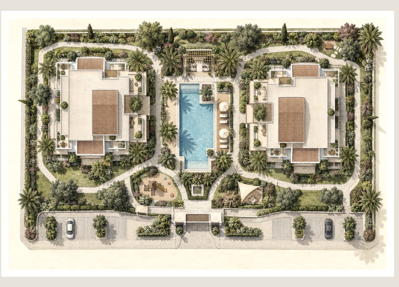 Palma Sitesi iki blok, merkezi havuz, peyzaj ve otopark yerleşim planı